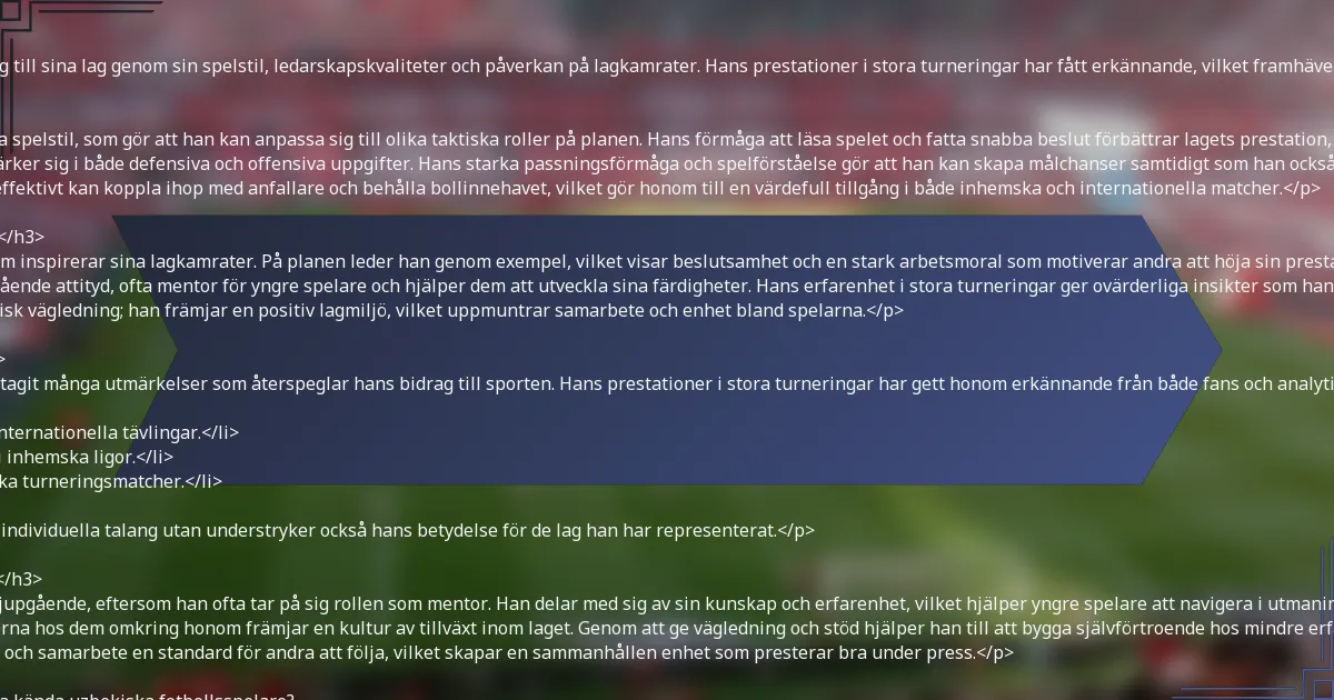 <p>Anvarbek Ergashev har gjort betydande bidrag till sina lag genom sin spelstil, ledarskapskvaliteter och påverkan på lagkamrater. Hans prestationer i stora turneringar har fått erkännande, vilket framhäver hans roll som en nyckelspelare och mentor.</p>

<h3>Spelstil och taktisk roll</h3>
<p>Anvarbek Ergashev är känd för sin mångsidiga spelstil, som gör att han kan anpassa sig till olika taktiska roller på planen. Hans förmåga att läsa spelet och fatta snabba beslut förbättrar lagets prestation, särskilt i pressade situationer.</p>
<p>Han spelar ofta som mittfältare, där han utmärker sig i både defensiva och offensiva uppgifter. Hans starka passningsförmåga och spelförståelse gör att han kan skapa målchanser samtidigt som han också ger stöd i försvaret.</p>
<p>Ergashevs taktiska medvetenhet gör att han effektivt kan koppla ihop med anfallare och behålla bollinnehavet, vilket gör honom till en värdefull tillgång i både inhemska och internationella matcher.</p>

<h3>Ledarskapskvaliteter på och utanför planen</h3>
<p>Ergashev visar starka ledarskapskvaliteter som inspirerar sina lagkamrater. På planen leder han genom exempel, vilket visar beslutsamhet och en stark arbetsmoral som motiverar andra att höja sin prestation.</p>
<p>Utanför planen är han känd för sin tillmötesgående attityd, ofta mentor för yngre spelare och hjälper dem att utveckla sina färdigheter. Hans erfarenhet i stora turneringar ger ovärderliga insikter som han delar med sina lagkamrater.</p>
<p>Hans ledarskap sträcker sig bortom bara taktisk vägledning; han främjar en positiv lagmiljö, vilket uppmuntrar samarbete och enhet bland spelarna.</p>

<h3>Utmärkelser och erkännande mottagna</h3>
<p>Under sin karriär har Anvarbek Ergashev mottagit många utmärkelser som återspeglar hans bidrag till sporten. Hans prestationer i stora turneringar har gett honom erkännande från både fans och analytiker.</p>
<ul>
    <li>Utvald för landslagsframträdanden i olika internationella tävlingar.</li>
    <li>Utmärkt som bästa spelare i flera matcher i inhemska ligor.</li>
    <li>Erkänd för framstående bidrag under kritiska turneringsmatcher.</li>
</ul>
<p>Dessa utmärkelser framhäver inte bara hans individuella talang utan understryker också hans betydelse för de lag han har representerat.</p>

<h3>Påverkan på lagkamrater och yngre spelare</h3>
<p>Ergashevs påverkan på sina lagkamrater är djupgående, eftersom han ofta tar på sig rollen som mentor. Han delar med sig av sin kunskap och erfarenhet, vilket hjälper yngre spelare att navigera i utmaningarna inom professionell fotboll.</p>
<p>Hans hängivenhet till att förbättra färdigheterna hos dem omkring honom främjar en kultur av tillväxt inom laget. Genom att ge vägledning och stöd hjälper han till att bygga självförtroende hos mindre erfarna spelare.</p>
<p>Vidare sätter hans engagemang för lagarbete och samarbete en standard för andra att följa, vilket skapar en sammanhållen enhet som presterar bra under press.</p>

<h2>Hur jämför sig Anvarbek Ergashev med andra kända uzbekiska fotbollsspelare?