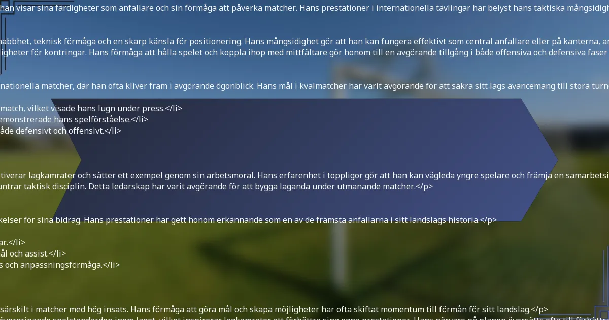 <p>Eldor Shomurodov har gjort betydande bidrag till sitt landslag, där han visar sina färdigheter som anfallare och sin förmåga att påverka matcher. Hans prestationer i internationella tävlingar har belyst hans taktiska mångsidighet och ledarskap på planen.</p>

<h3>Spelstil och taktisk roll</h3>
<p>Shomurodov är känd för sin dynamiska spelstil, som kombinerar snabbhet, teknisk förmåga och en skarp känsla för positionering. Hans mångsidighet gör att han kan fungera effektivt som central anfallare eller på kanterna, anpassa sig till olika taktiska uppställningar.</p>
<p>Han engagerar sig ofta i att pressa motståndare, vilket skapar möjligheter för kontringar. Hans förmåga att hålla spelet och koppla ihop med mittfältare gör honom till en avgörande tillgång i både offensiva och defensiva faser av spelet.</p>

<h3>Nyckelögonblick i internationella matcher</h3>
<p>Shomurodov har levererat minnesvärda prestationer i viktiga internationella matcher, där han ofta kliver fram i avgörande ögonblick. Hans mål i kvalmatcher har varit avgörande för att säkra sitt lags avancemang till stora turneringar.</p>
<ul>
    <li>Gjorde ett avgörande mål mot en stark motståndare i en VM-kvalmatch, vilket visade hans lugn under press.</li>
    <li>Levererade en assist i en kritisk match under Asian Cup, vilket demonstrerade hans spelförståelse.</li>
    <li>Spelade en avgörande roll i en comeback-seger, där han bidrog både defensivt och offensivt.</li>
</ul>

<h3>Ledarskapskvaliteter på planen</h3>
<p>Shomurodov uppvisar starka ledarskapskvaliteter, där han ofta motiverar lagkamrater och sätter ett exempel genom sin arbetsmoral. Hans erfarenhet i toppligor gör att han kan vägleda yngre spelare och främja en samarbetsinriktad lagmiljö.</p>
<p>Han kommunicerar effektivt på planen, dirigerar spelet och uppmuntrar taktisk disciplin. Detta ledarskap har varit avgörande för att bygga laganda under utmanande matcher.</p>

<h3>Utmärkelser och erkännande</h3>
<p>Under sin internationella karriär har Shomurodov fått olika utmärkelser för sina bidrag. Hans prestationer har gett honom erkännande som en av de främsta anfallarna i sitt landslags historia.</p>
<ul>
    <li>Nomineringar till Bästa spelare i flera internationella turneringar.</li>
    <li>Erkänd som en nyckelspelare i kvalomgångarna, ofta ledande i mål och assist.</li>
    <li>Fått beröm från tränare och analytiker för sin taktiska intelligens och anpassningsförmåga.</li>
</ul>

<h3>Påverkan på lagets prestation över tid</h3>
<p>Shomurodovs påverkan på lagets prestation har varit djupgående, särskilt i matcher med hög insats. Hans förmåga att göra mål och skapa möjligheter har ofta skiftat momentum till förmån för sitt landslag.</p>
<p>Över tid har hans konsekventa prestationer hjälpt till att höja den övergripande spelstandarden inom laget, vilket inspirerar lagkamrater att förbättra sina egna prestationer. Hans närvaro på planen översätts ofta till förbättrade resultat, vilket gör honom till en nyckelfigur i lagets framgång.</p>

<h2>Hur står sig Eldor Shomurodov jämfört med andra uzbekiska spelare?