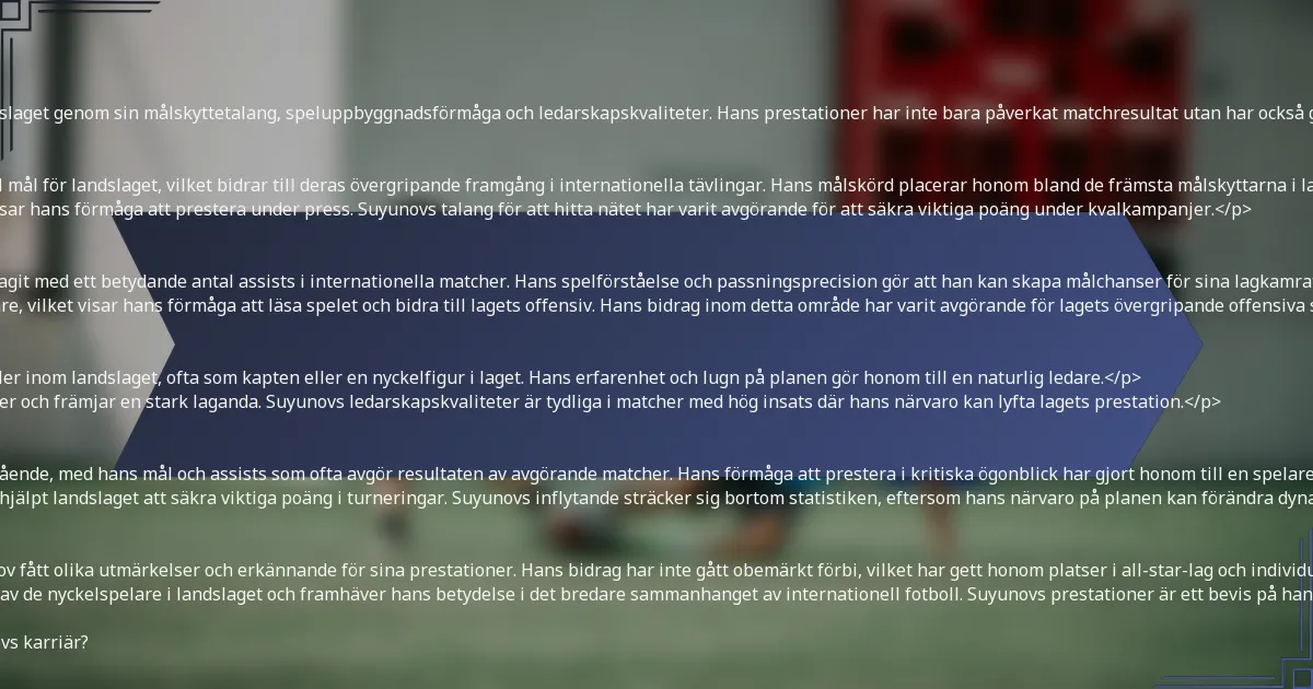 <p>Daniyar Suyunov har gjort betydande bidrag till landslaget genom sin målskyttetalang, speluppbyggnadsförmåga och ledarskapskvaliteter. Hans prestationer har inte bara påverkat matchresultat utan har också gett honom erkännande inom fotbollsgemenskapen.</p>

<h3>Totalt antal mål för landslaget</h3>
<p>Daniyar Suyunov har gjort ett anmärkningsvärt antal mål för landslaget, vilket bidrar till deras övergripande framgång i internationella tävlingar. Hans målskörd placerar honom bland de främsta målskyttarna i lagets historia.</p>
<p>Hans mål kommer ofta i avgörande matcher, vilket visar hans förmåga att prestera under press. Suyunovs talang för att hitta nätet har varit avgörande för att säkra viktiga poäng under kvalkampanjer.</p>

<h3>Assist i internationella matcher</h3>
<p>Förutom sin målskyttetalang har Suyunov också bidragit med ett betydande antal assists i internationella matcher. Hans spelförståelse och passningsprecision gör att han kan skapa målchanser för sina lagkamrater.</p>
<p>Dessa assists framhäver hans roll som speluppläggare, vilket visar hans förmåga att läsa spelet och bidra till lagets offensiv. Hans bidrag inom detta område har varit avgörande för lagets övergripande offensiva strategi.</p>

<h3>Ledarskapsroller och ansvar</h3>
<p>Daniyar Suyunov har tagit på sig olika ledarskapsroller inom landslaget, ofta som kapten eller en nyckelfigur i laget. Hans erfarenhet och lugn på planen gör honom till en naturlig ledare.</p>
<p>Han leder genom exempel, motiverar sina lagkamrater och främjar en stark laganda. Suyunovs ledarskapskvaliteter är tydliga i matcher med hög insats där hans närvaro kan lyfta lagets prestation.</p>

<h3>Påverkan på matchresultat</h3>
<p>Suyunovs påverkan på matchresultat har varit djupgående, med hans mål och assists som ofta avgör resultaten av avgörande matcher. Hans förmåga att prestera i kritiska ögonblick har gjort honom till en spelare att hålla ögonen på under internationella matcher.</p>
<p>Hans bidrag har lett till minnesvärda segrar och har hjälpt landslaget att säkra viktiga poäng i turneringar. Suyunovs inflytande sträcker sig bortom statistiken, eftersom hans närvaro på planen kan förändra dynamiken i en match.</p>

<h3>Erkännande och utmärkelser</h3>
<p>Under sin internationella karriär har Daniyar Suyunov fått olika utmärkelser och erkännande för sina prestationer. Hans bidrag har inte gått obemärkt förbi, vilket har gett honom platser i all-star-lag och individuella utmärkelser.</p>
<p>Dessa hedersbetygelser speglar hans status som en av de nyckelspelare i landslaget och framhäver hans betydelse i det bredare sammanhanget av internationell fotboll. Suyunovs prestationer är ett bevis på hans skicklighet och hängivenhet till sporten.</p>

<h2>Vilka nyckelprestationer definierar Daniyar Suyunovs karriär?